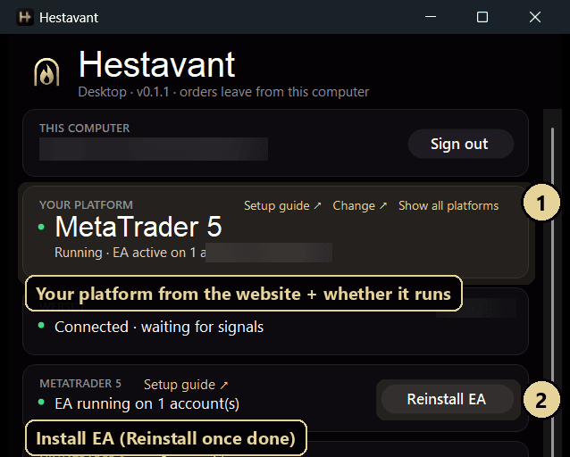 Hestavant Desktop with Your platform: MetaTrader 5 and the Install EA button