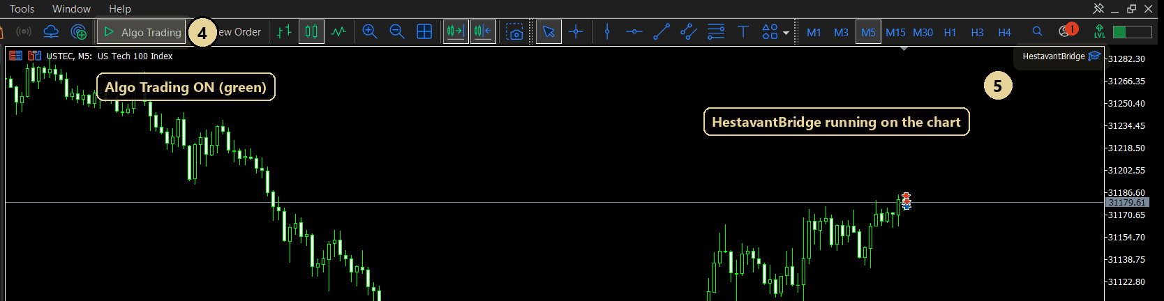 MetaTrader 5 with Algo Trading on and HestavantBridge running on the chart