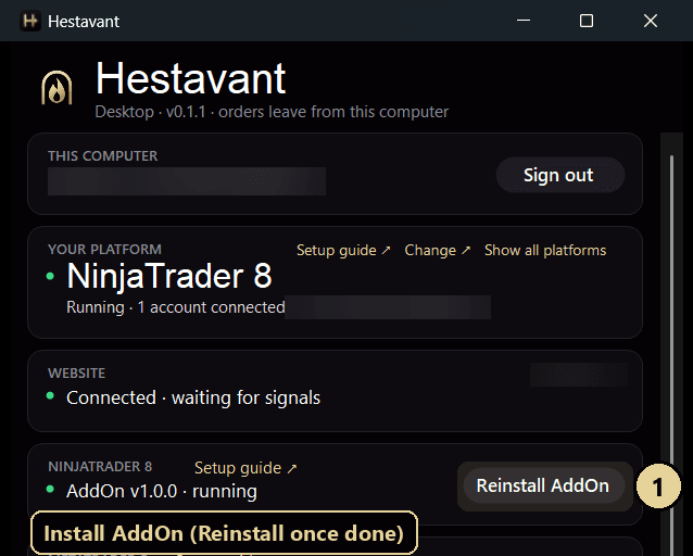 Hestavant Desktop with Your platform: NinjaTrader 8 and the Install AddOn button