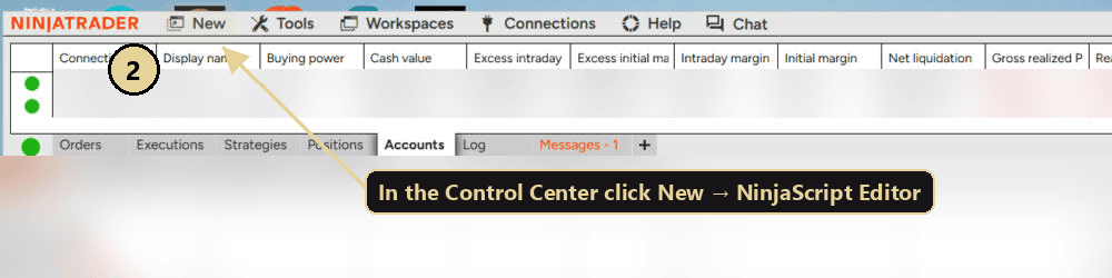 NinjaTrader Control Center menu bar with New highlighted
