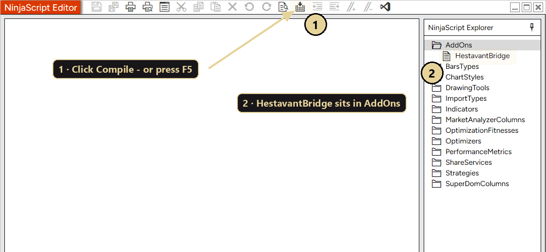 NinjaScript Editor with the Compile button and the HestavantBridge AddOn marked