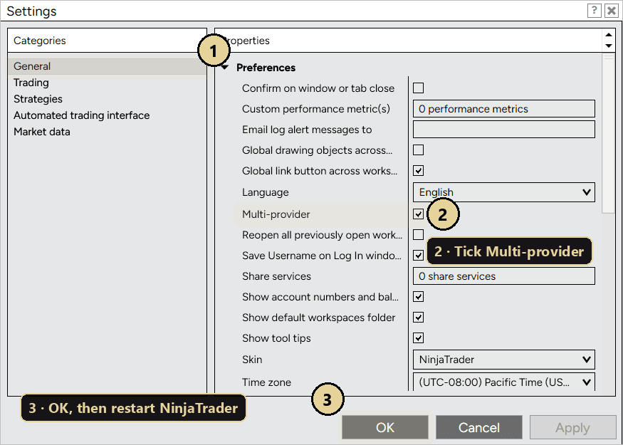 NinjaTrader Settings, General, with Multi-provider ticked