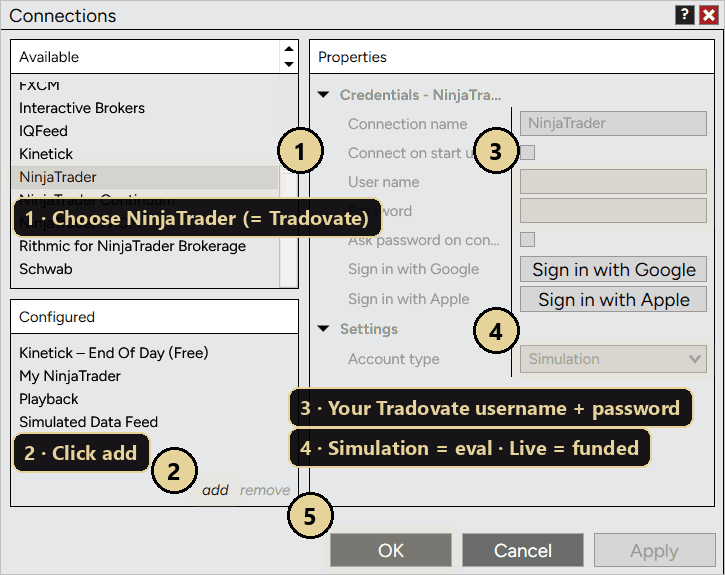 NinjaTrader Connections window with the NinjaTrader (Tradovate) connection type selected